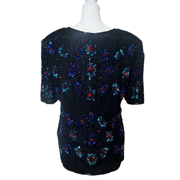 Vintage Stenay Beaded Sequined Embellished Short Sleeve 100% Silk Top Size XL - Picture 1 of 9